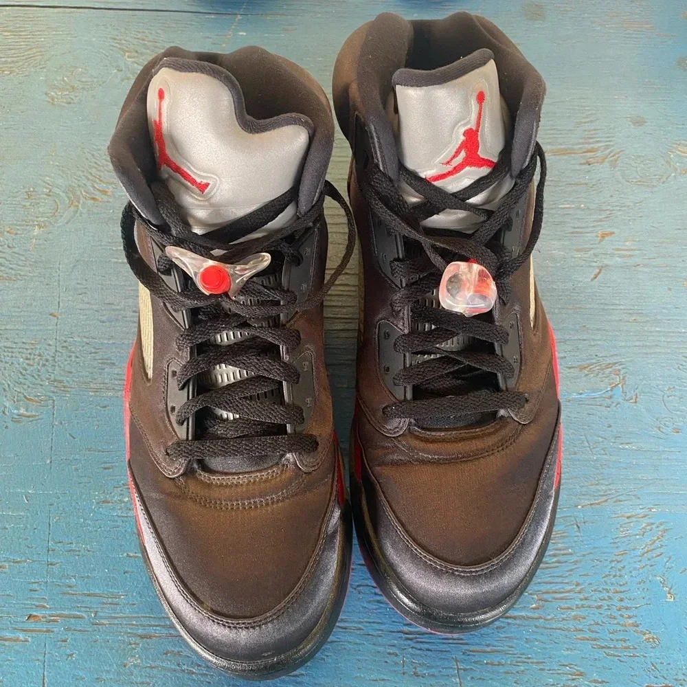 Jordan Black and Red Athletic Shoes Satin Air Jordan Retro 5 Nike